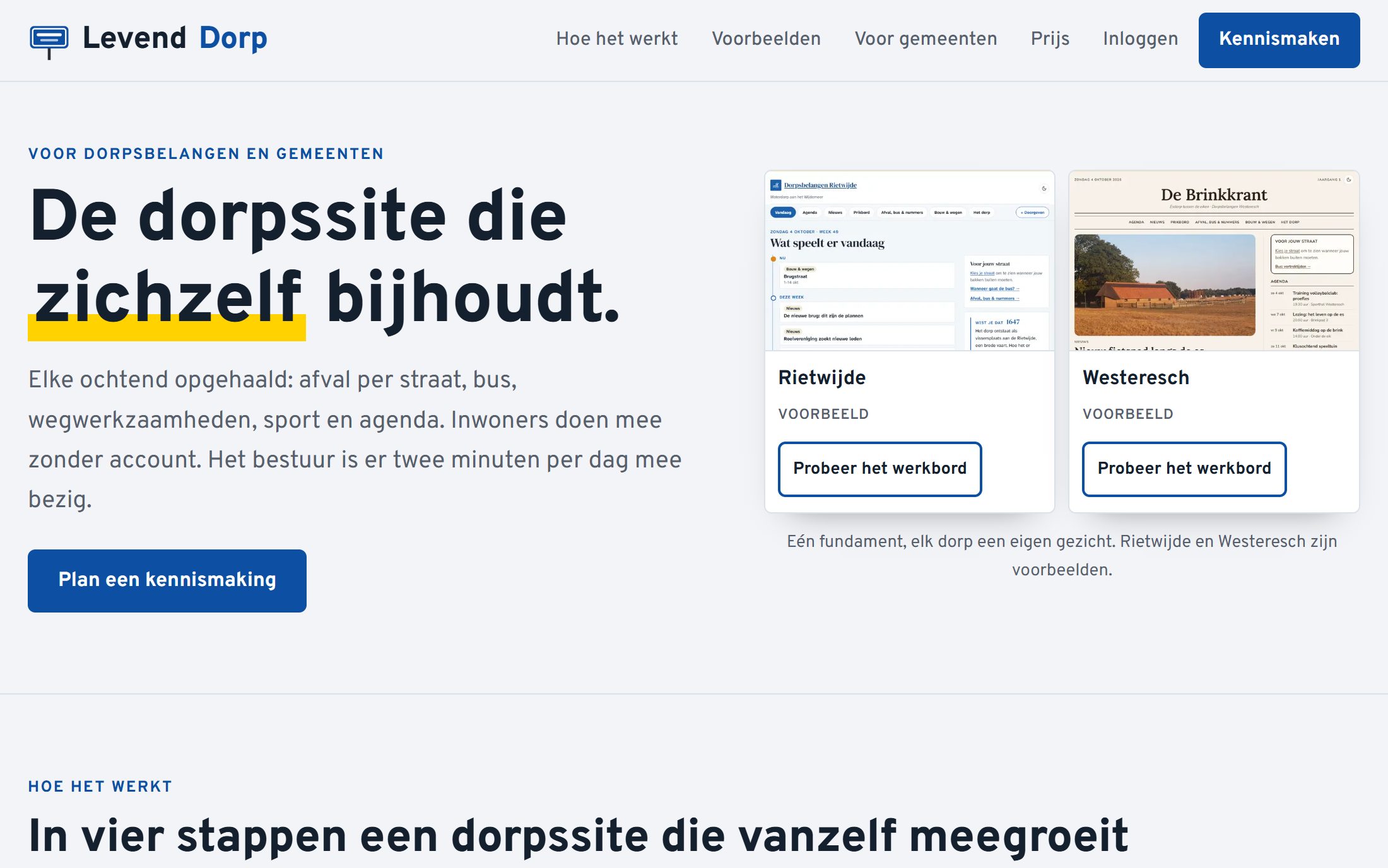 Startpagina van levenddorp.nl met de voorbeelddorpen Rietwijde en Westeresch